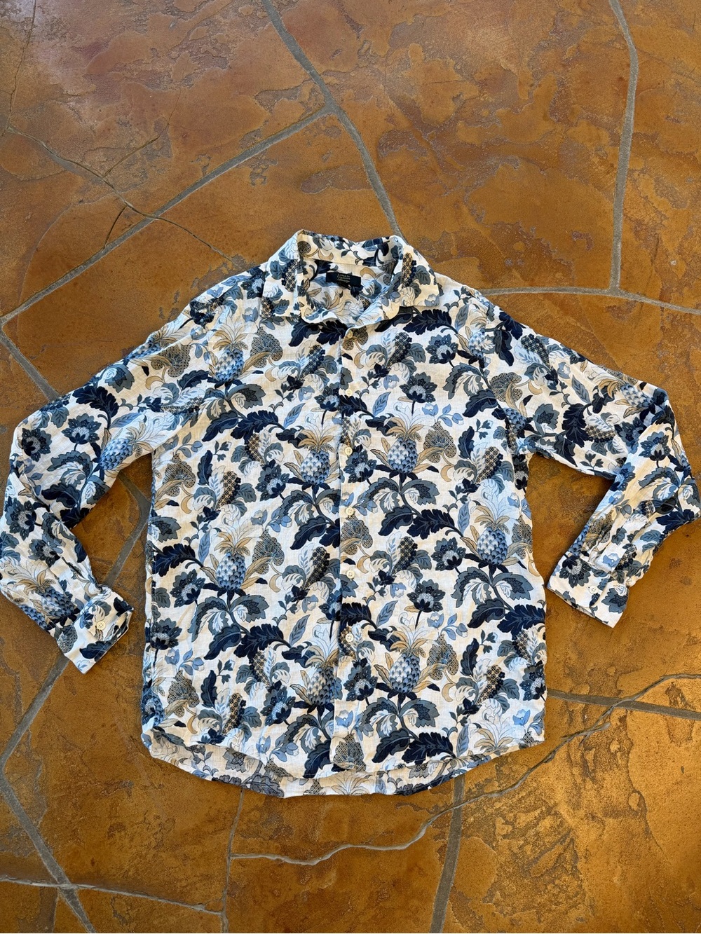 Club Room Luxury Linen Blue Floral Button-Up Point Collar Long Sleeve Men's L